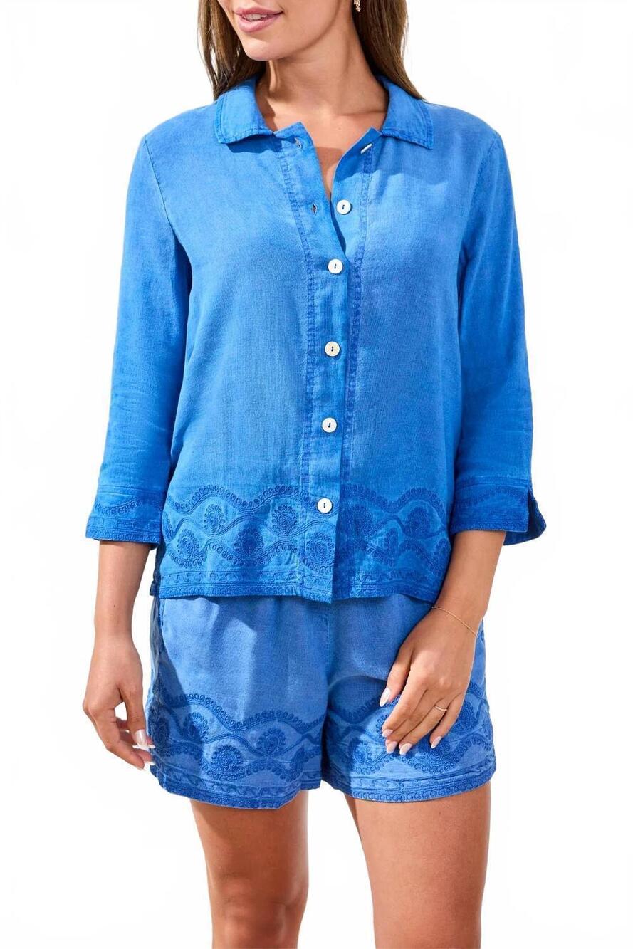 NEW TRIBAL 3/4 sleeve button front blouse with embroidery in turkish sea